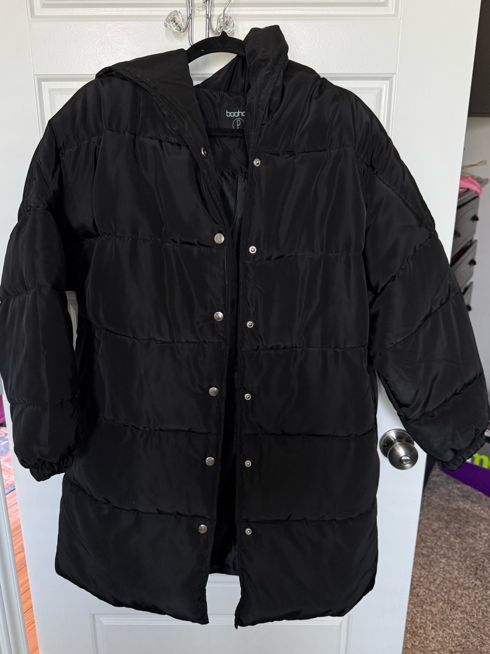 Boohoo Black Long Hooded Puffer Coat size 10